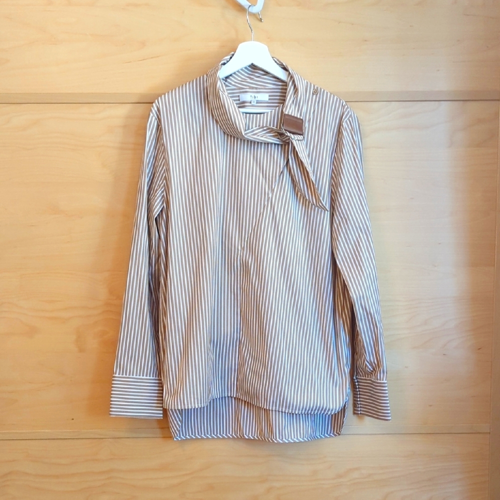 Tibi Striped Long Sleeve Blouse With Asymmetrical Collar